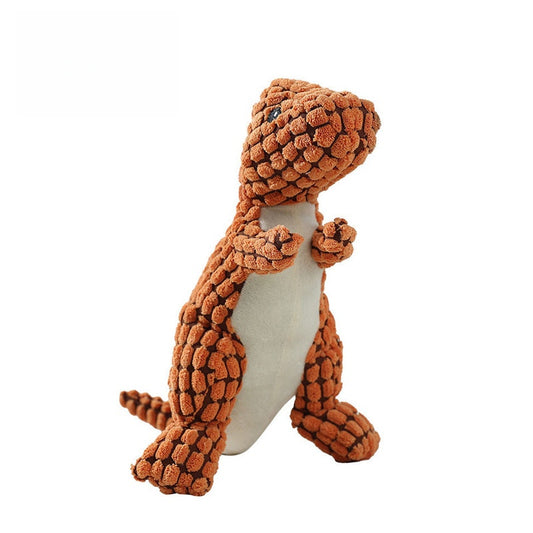 T-Rex plush toy in orange color with textured surface and white belly.