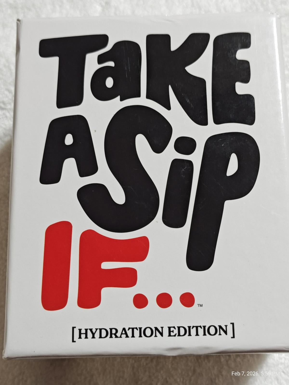 Take A Sip IF... Hydration Edition game box featuring bold black and red text.