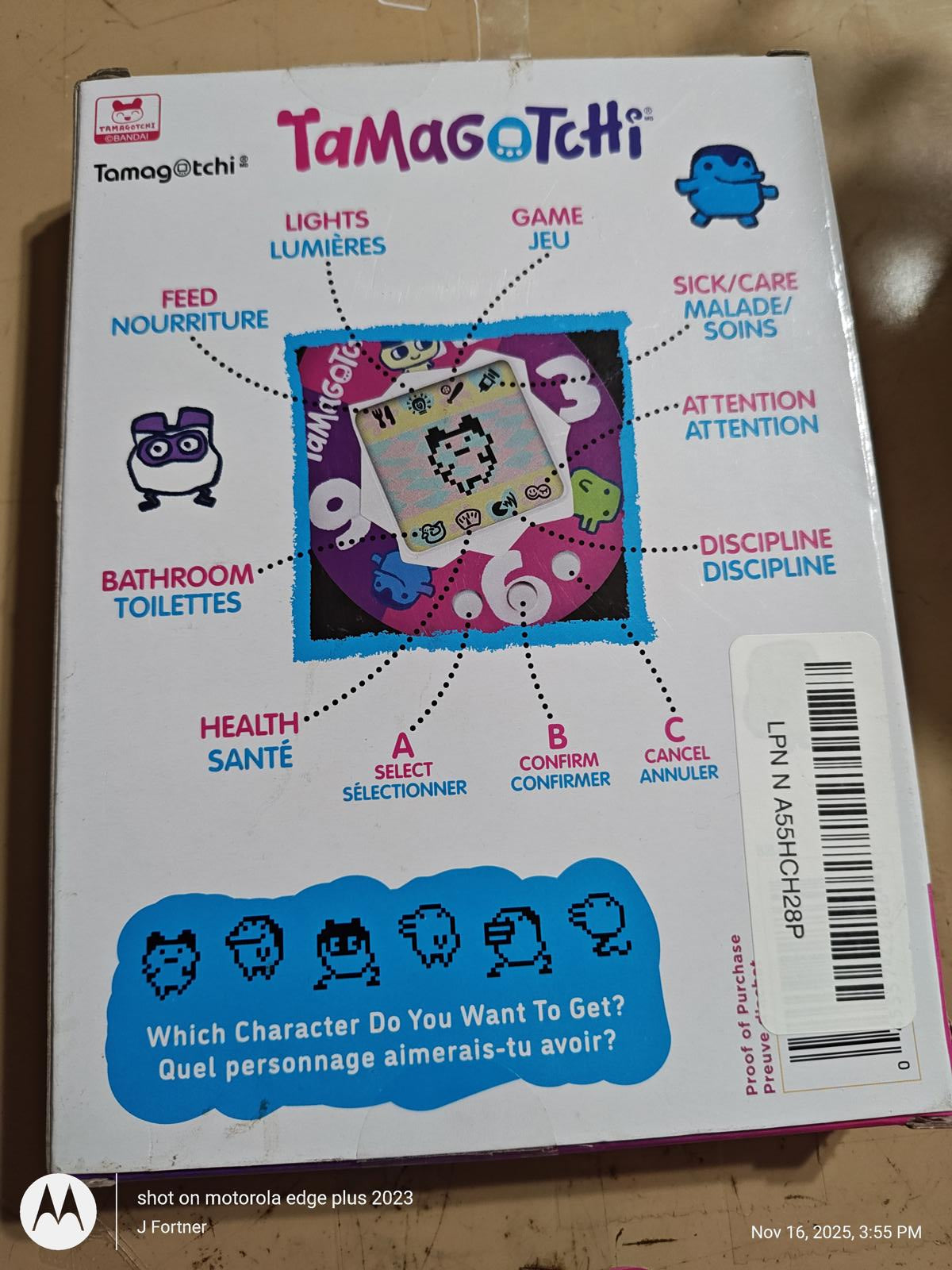 Tamagotchi game box featuring colorful characters and various gameplay options.