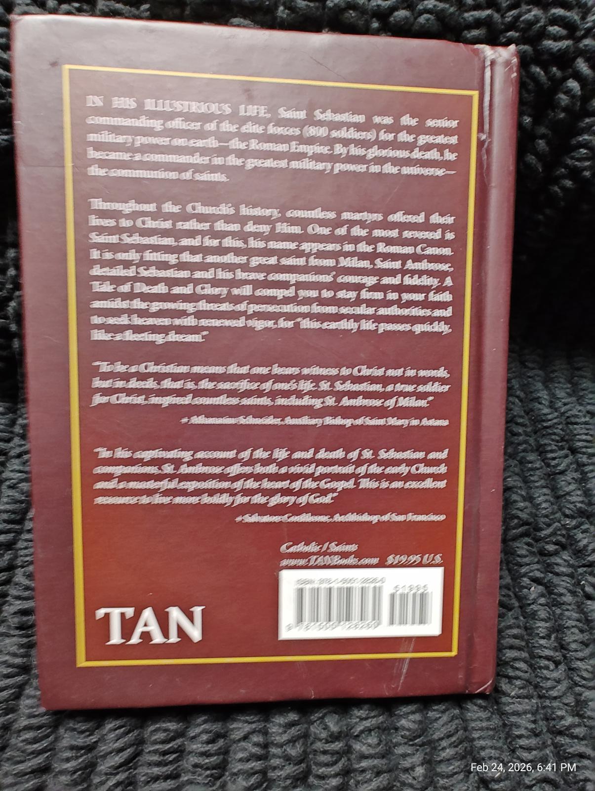 Tan book cover featuring Saint Sebastian, detailing his military prowess and Christian faith.