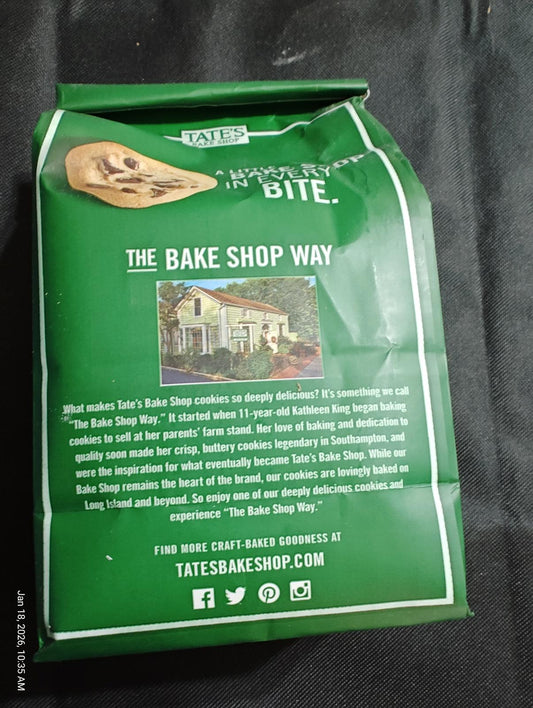 Tate's Bake Shop Way cookie packaging featuring a green design and house image.