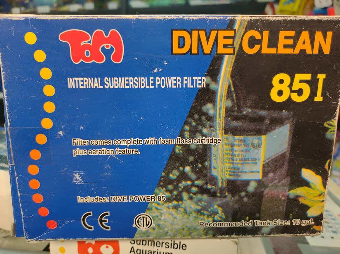 TDM Dive Clean 85 I internal submersible power filter with blue and orange packaging.