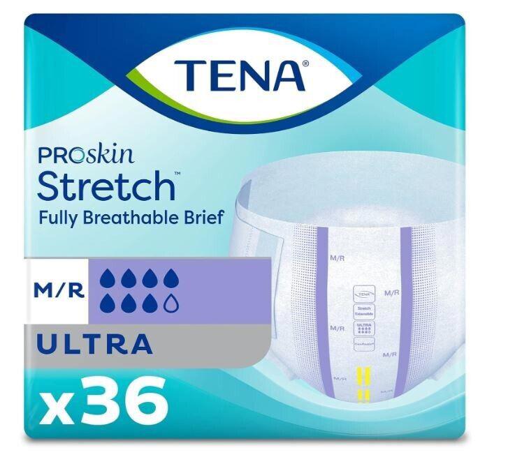 TENA ProSkin Stretch ultra breathable brief pack with 36 units for maximum comfort.