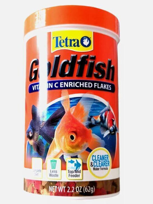 Tetra Goldfish vitamin C enriched flakes in a vibrant orange container with fish images.