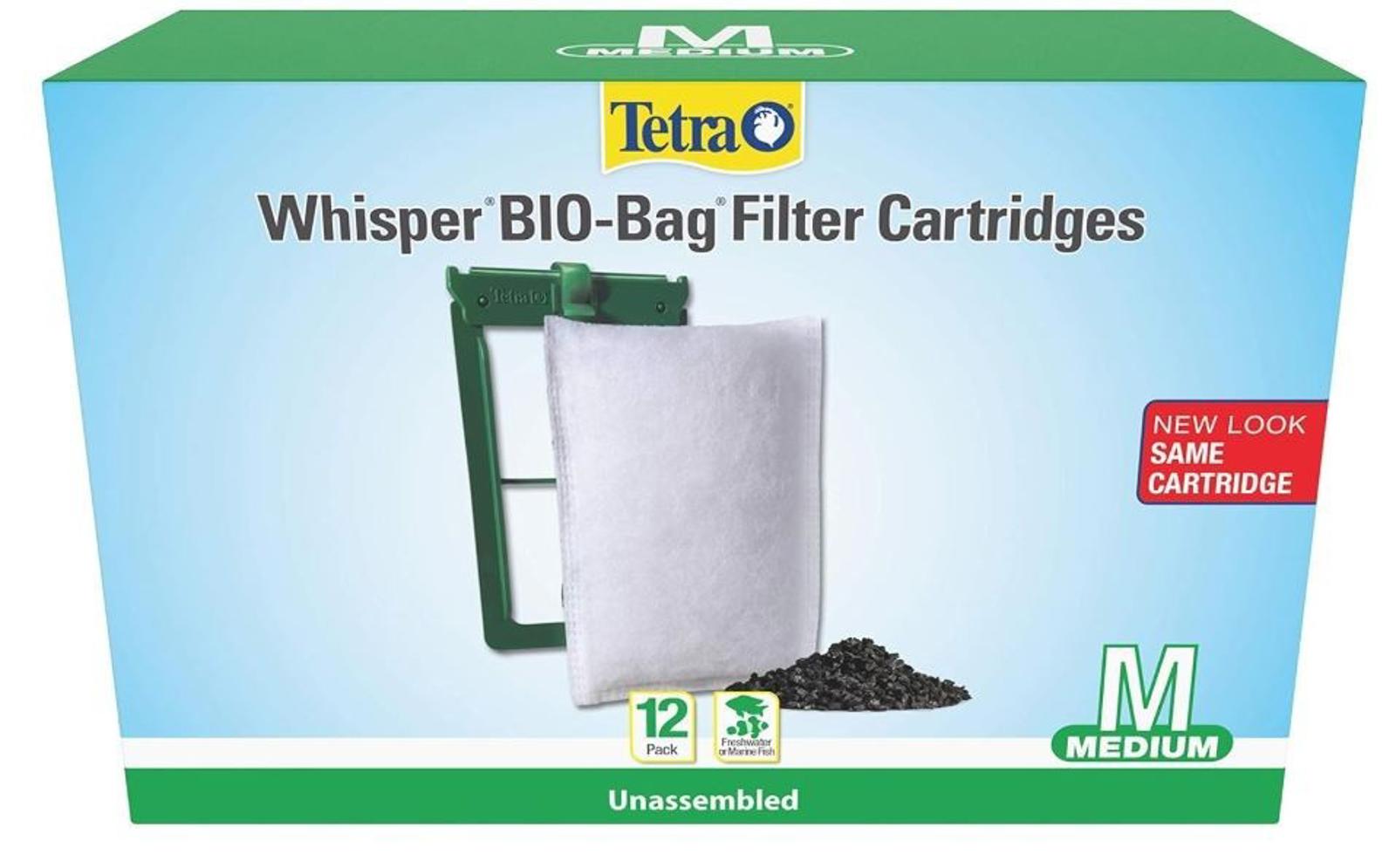 Tetra Whisper BIO-Bag Filter Cartridges in medium size with packaging and filter components visible.
