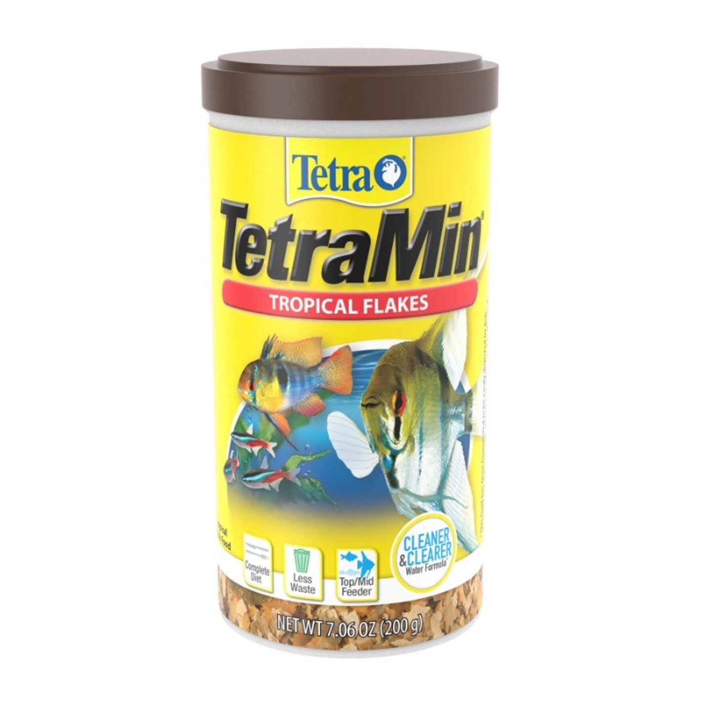 TetraMin tropical flakes for fish, featuring a colorful design and easy-to-use container.