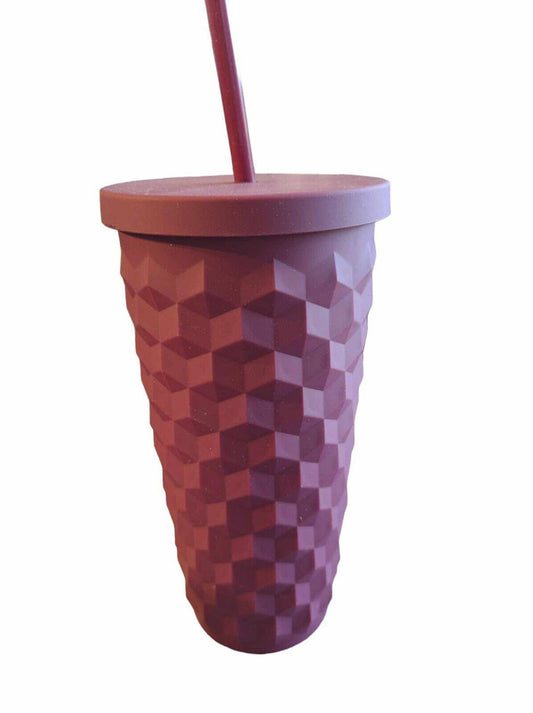 Geometric maroon tumbler with a lid and straw, perfect for drinks.