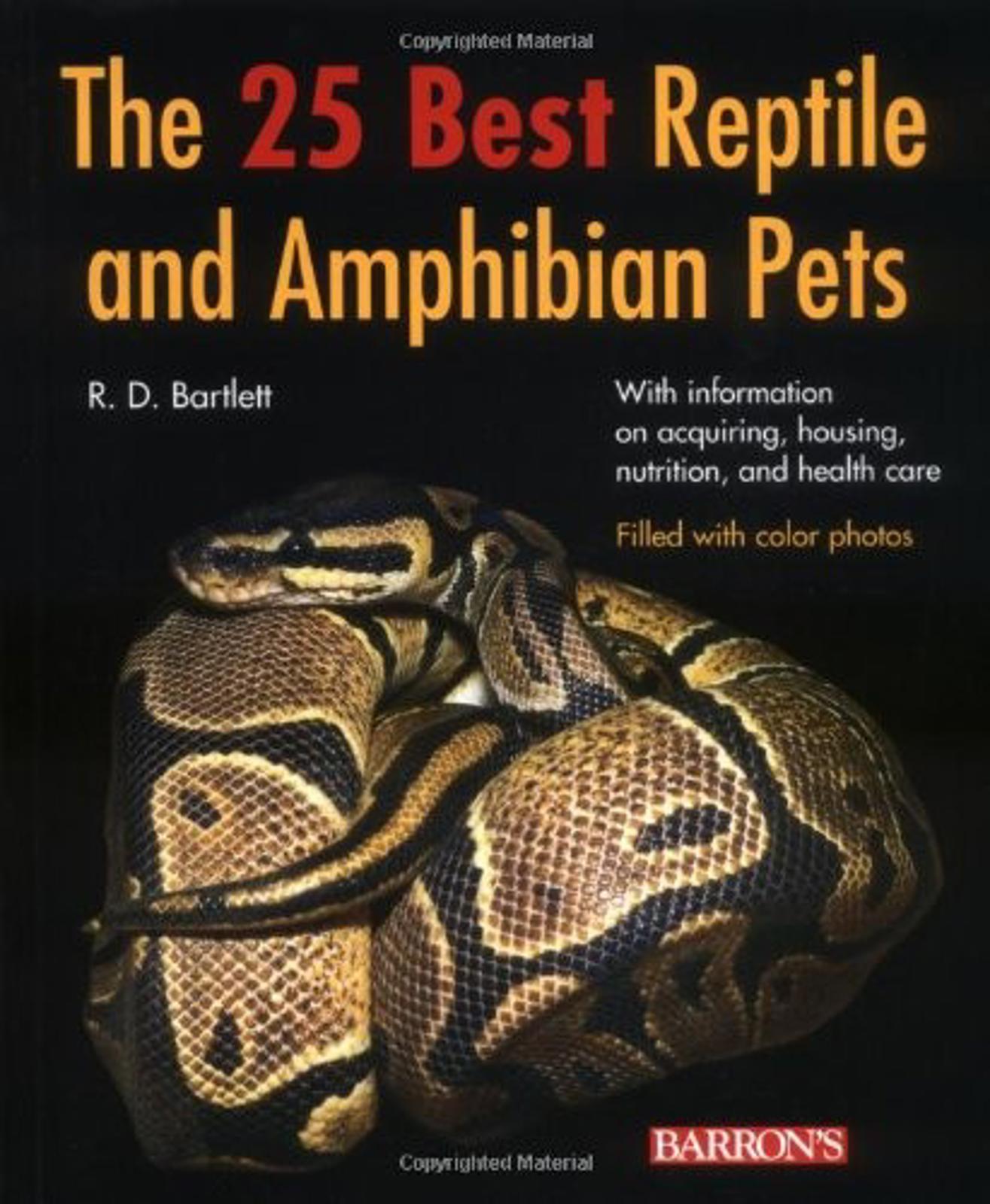 The 25 Best Reptile and Amphibian Pets book cover featuring a snake and colorful illustrations.