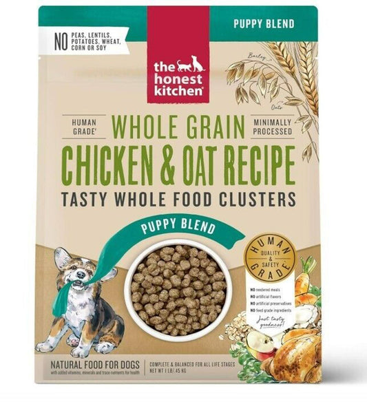 The Honest Kitchen Puppy Blend whole grain chicken and oat recipe with tasty whole food clusters.