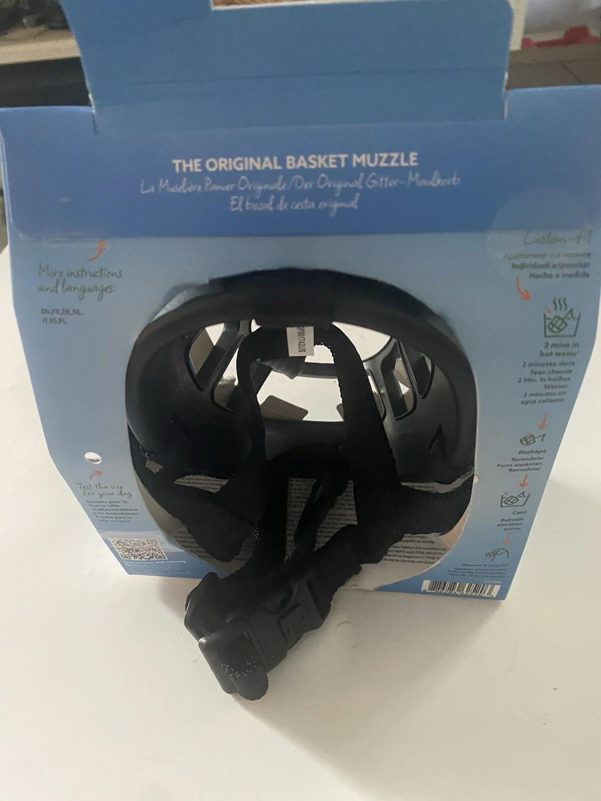 The Original Basket Muzzle features a black design with adjustable straps for comfort.