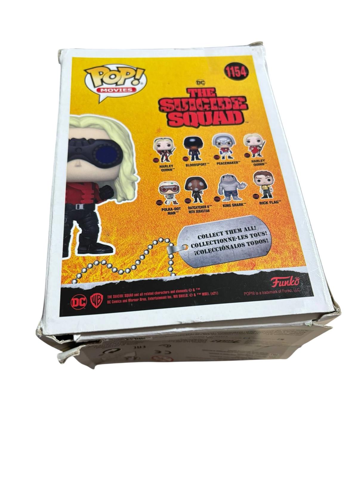 The Suicide Squad Funko Pop! figure box featuring a character with sunglasses and a vibrant orange background.