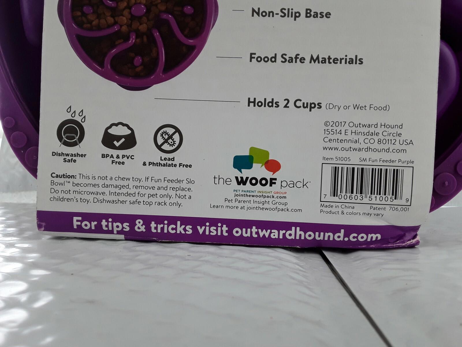 The Woof Pack non-slip pet bowl features a purple design and holds 2 cups of food.