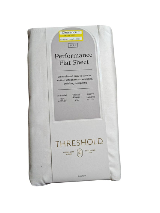 Threshold Performance Flat Sheet in full size, silky soft and wrinkle-resistant for comfortable sleeping.