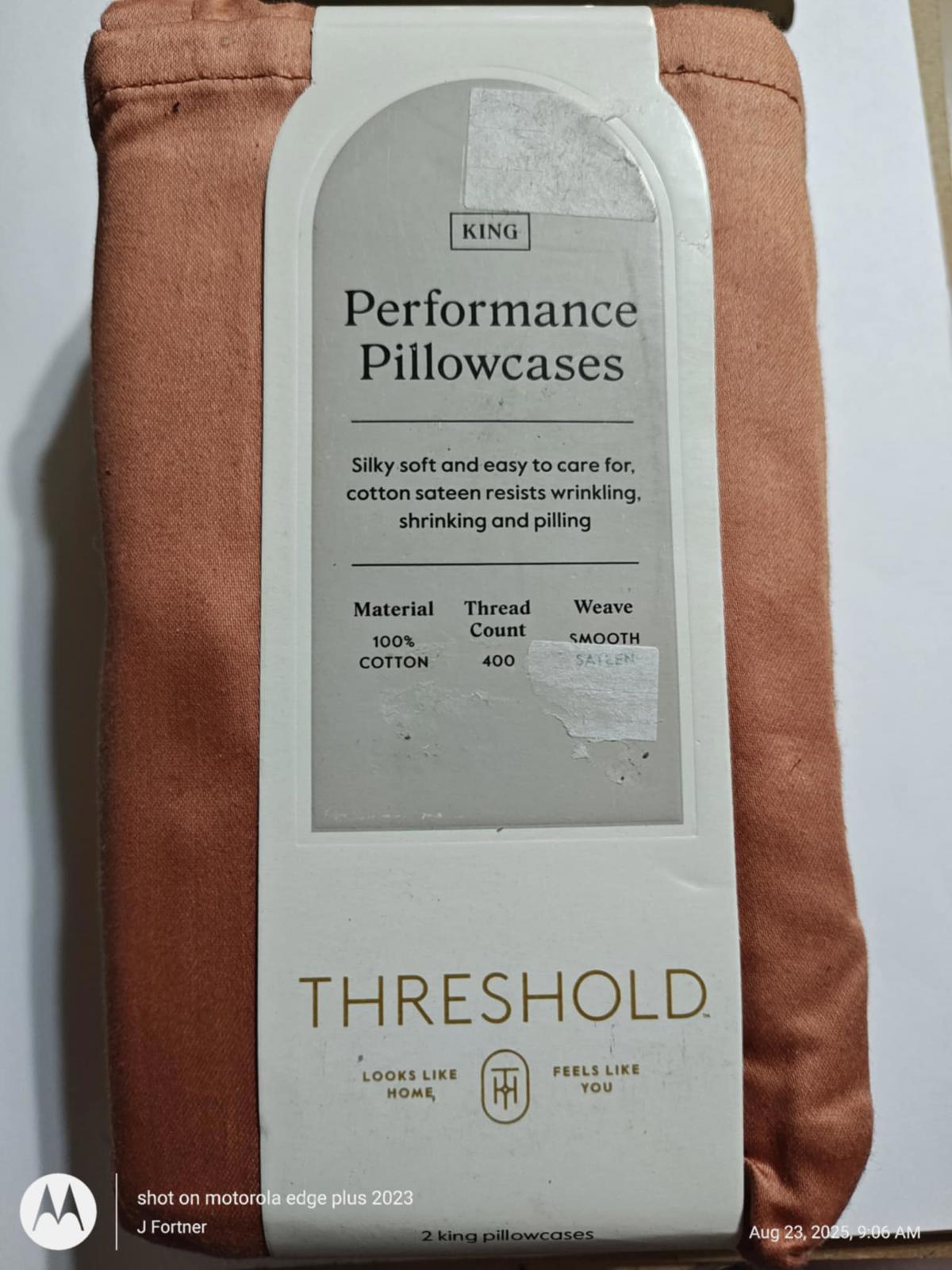 Threshold Performance Pillowcases in king size, silky soft cotton, resistant to wrinkling and pilling.