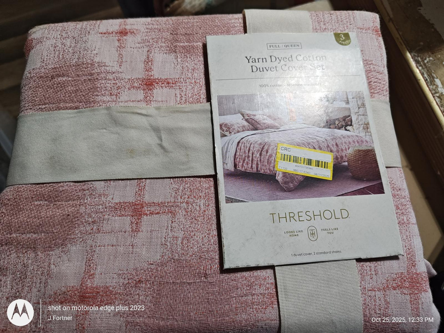Threshold yarn dyed cotton duvet cover set in pink and white pattern.