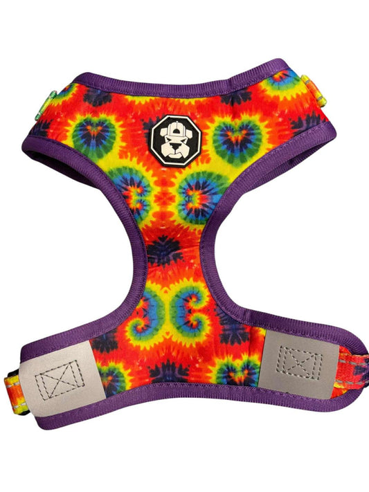 Tie-Dye Dog Harness featuring vibrant colors and a comfortable design.