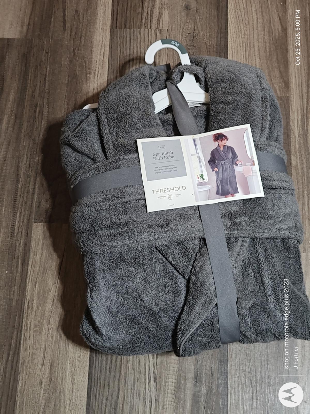 Time and Tru gray plush bathrobe with a tie belt and hanging tag.