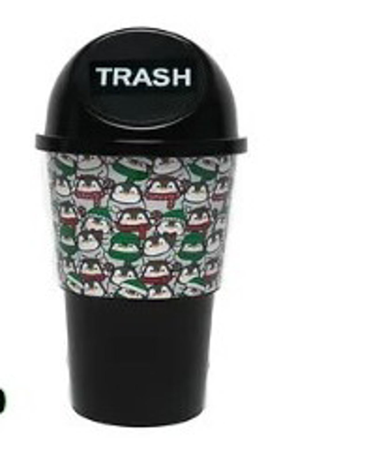 Trash can featuring a festive design with cartoon characters in green and red colors.