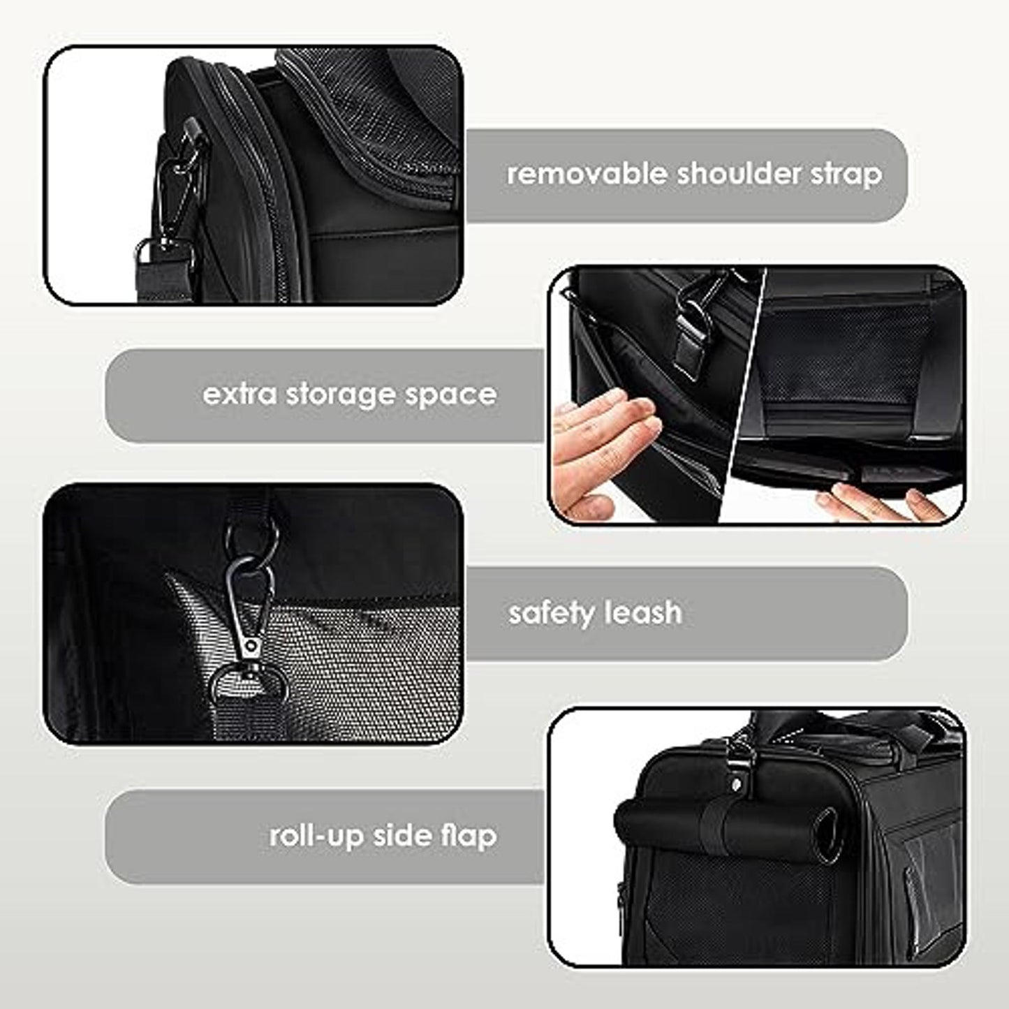 Removable shoulder strap black travel bag with extra storage space and safety leash.
