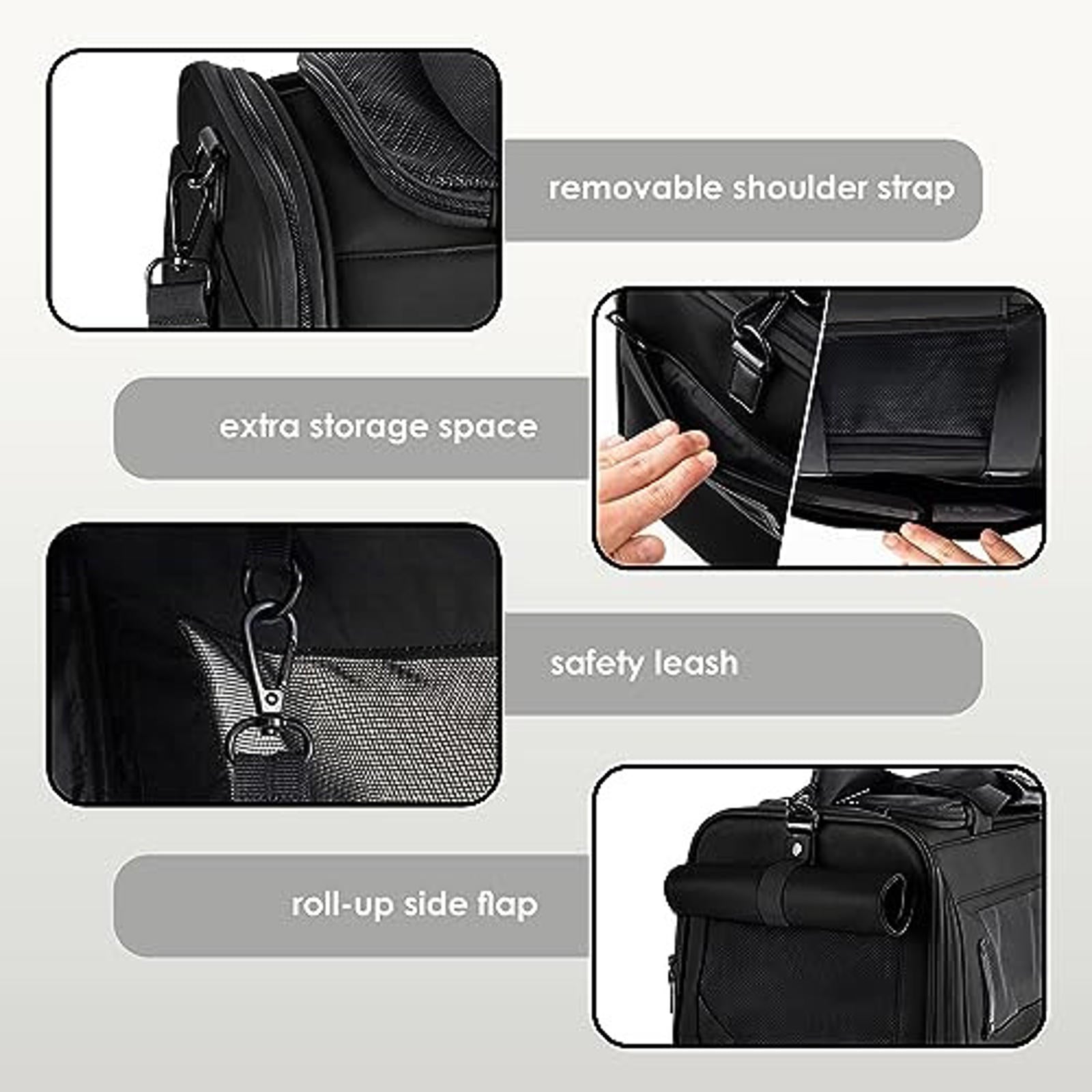 Removable shoulder strap black travel bag with extra storage space and safety leash.