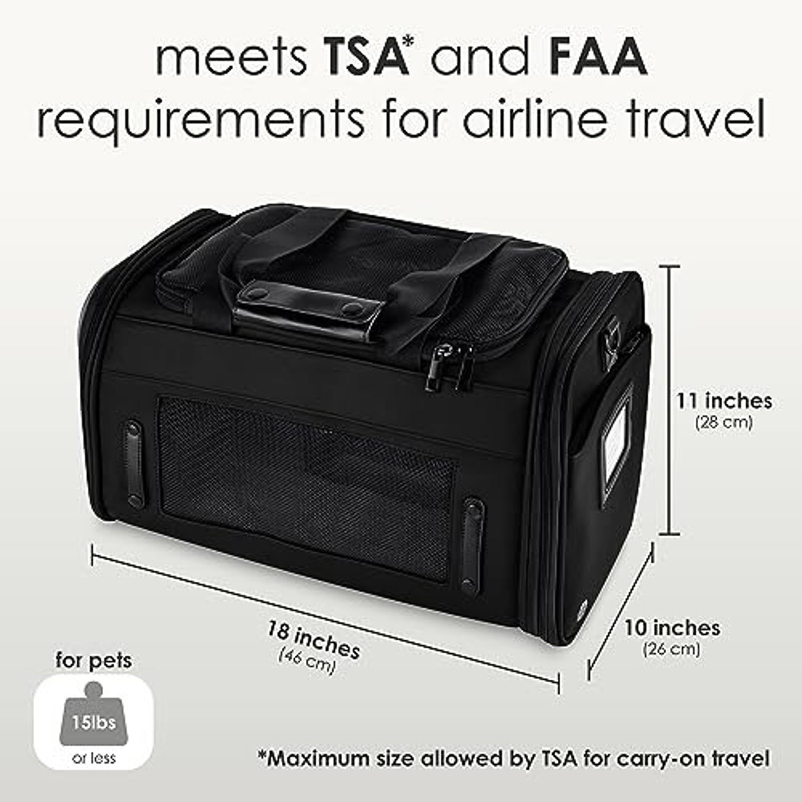 Travel Pet Carrier meets TSA and FAA requirements for airline travel, 18 inches long and 11 inches high.