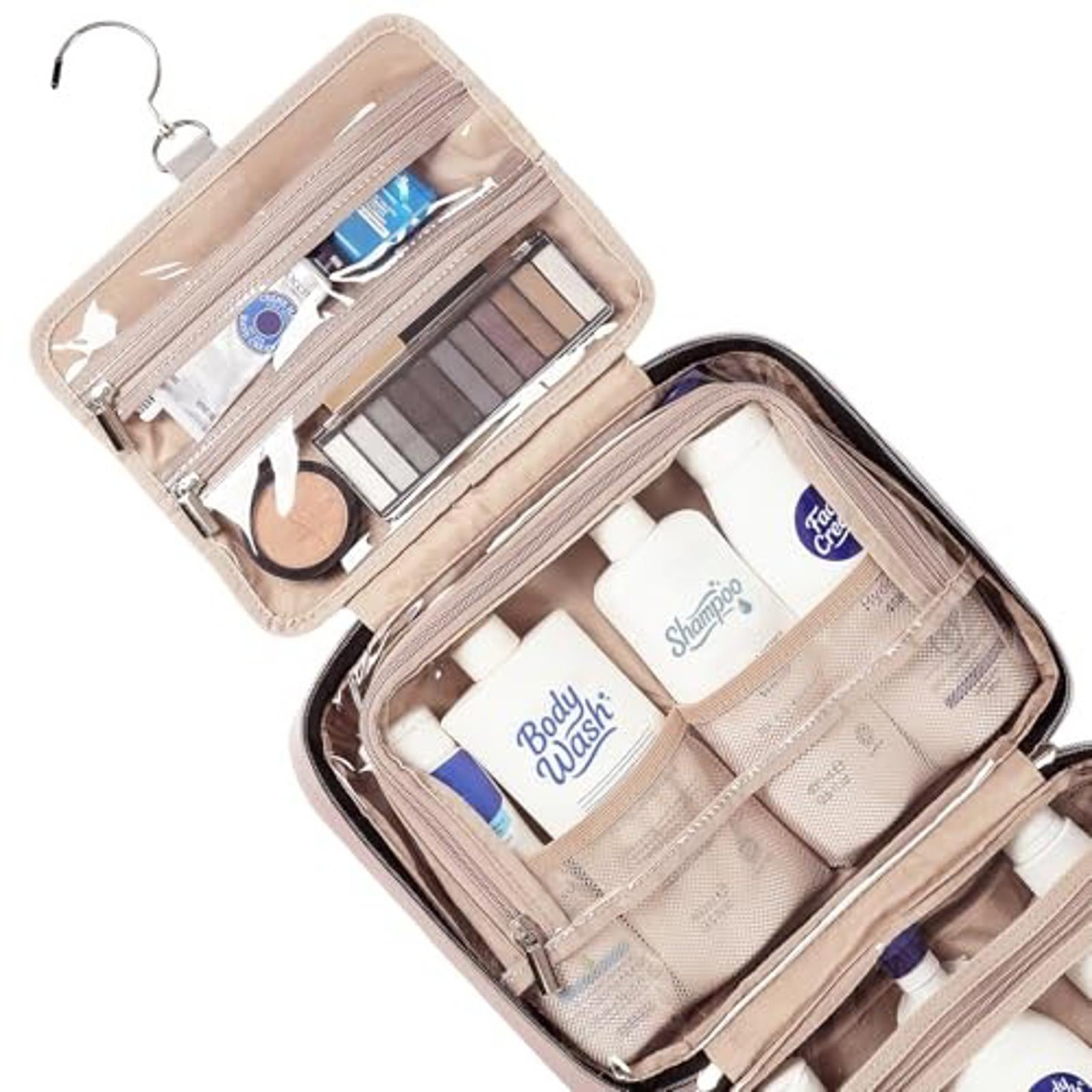 Travel Toiletry Organizer with multiple compartments for cosmetics and toiletries.