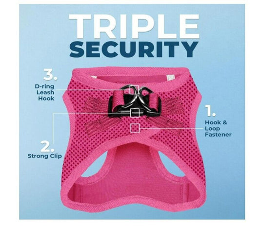 Triple Security dog harness in pink featuring D-ring leash hook and strong clip.