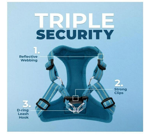 Triple Security dog harness featuring reflective webbing, strong clips, and a D-ring leash hook.