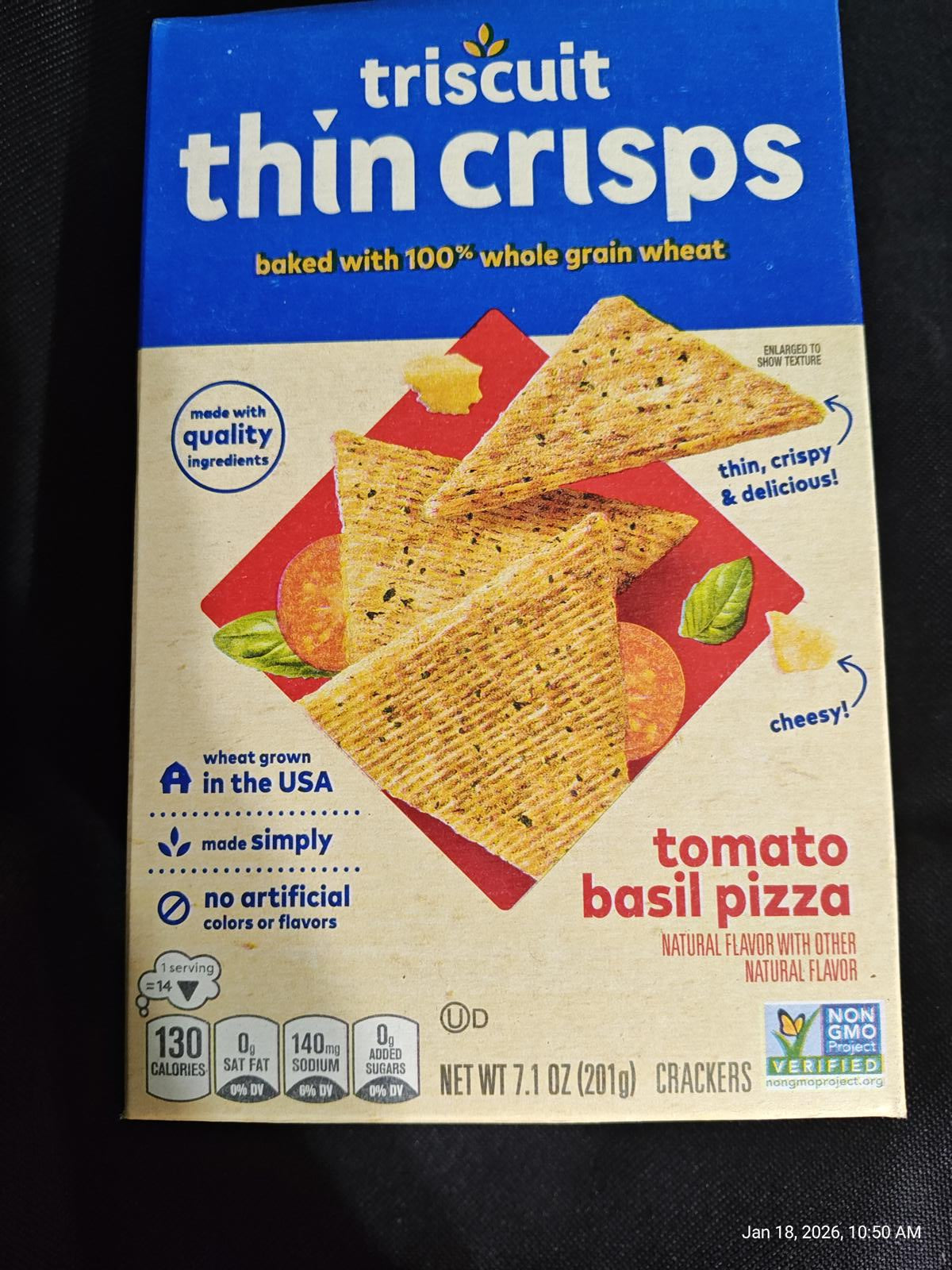Triscuit Thin Crisps Tomato Basil Pizza flavor, baked with whole grain wheat and natural ingredients.