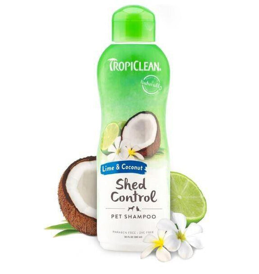 TropiClean Shed Control pet shampoo with lime and coconut scent, featuring a green bottle and coconut imagery.