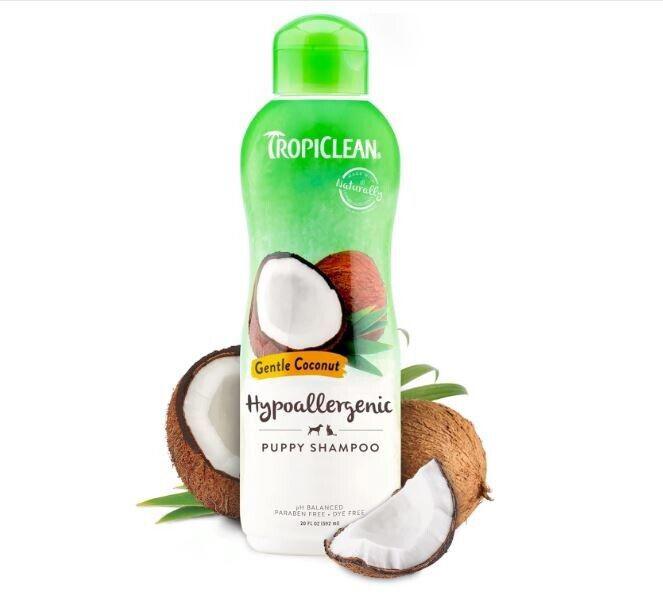 TropiClean Hypoallergenic puppy shampoo with coconut scent and natural ingredients.