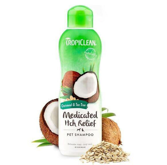 TropiClean Medicated Itch Relief pet shampoo with coconut and tea tree, designed for soothing skin.