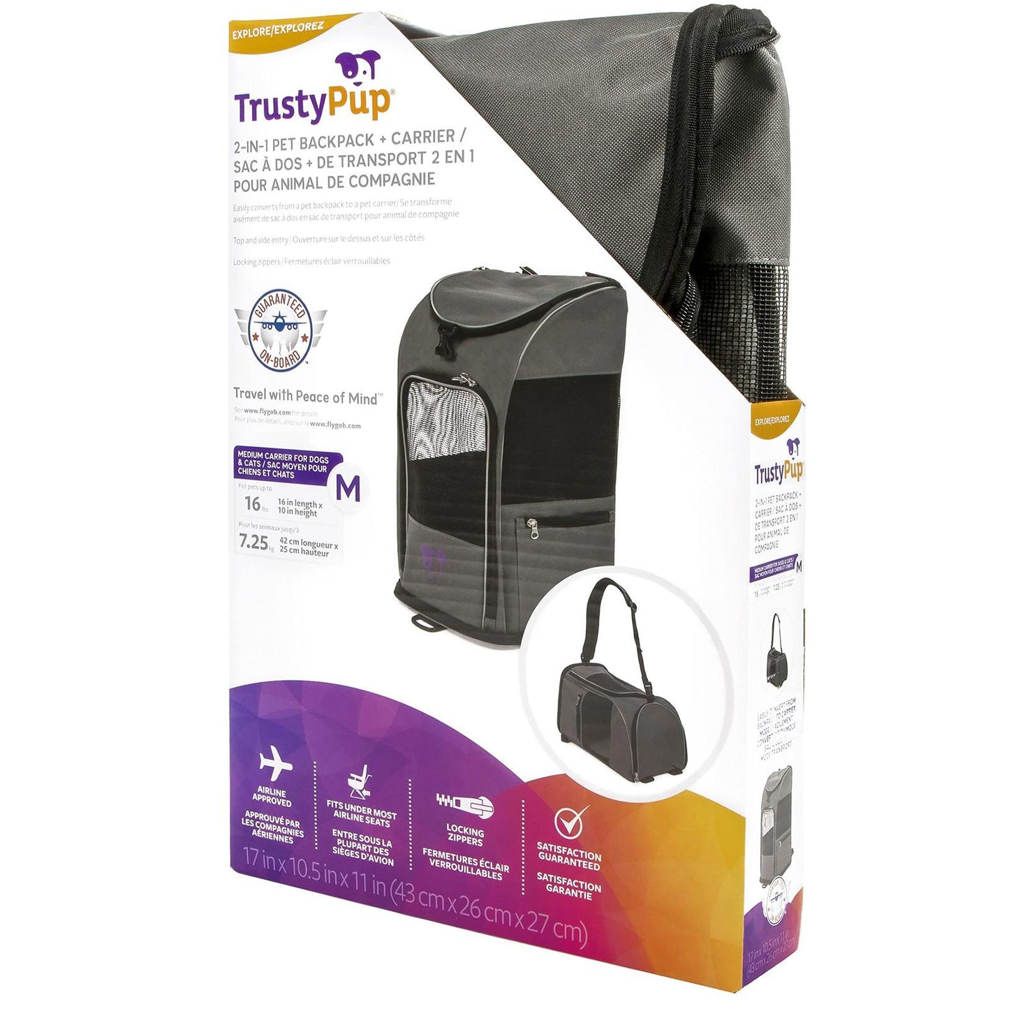 TrustyPup carrier backpack for pets, featuring a spacious design and convenient carrying handle.