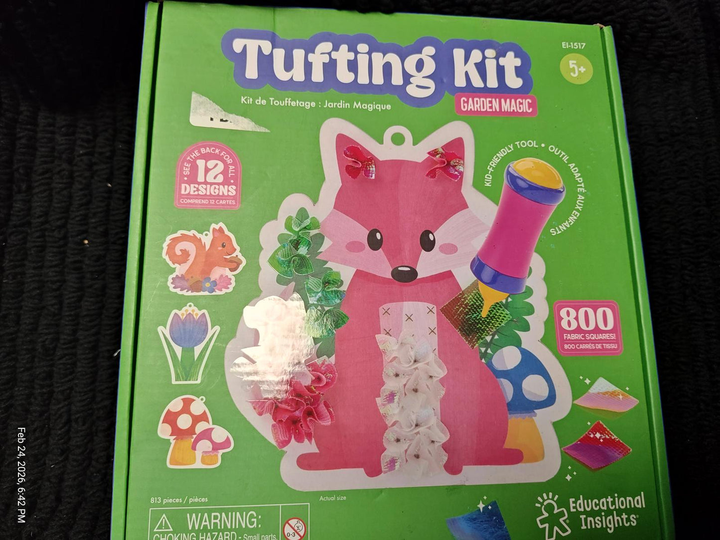 Tufting Kit featuring a colorful fox design with various crafting materials and 12 included designs.