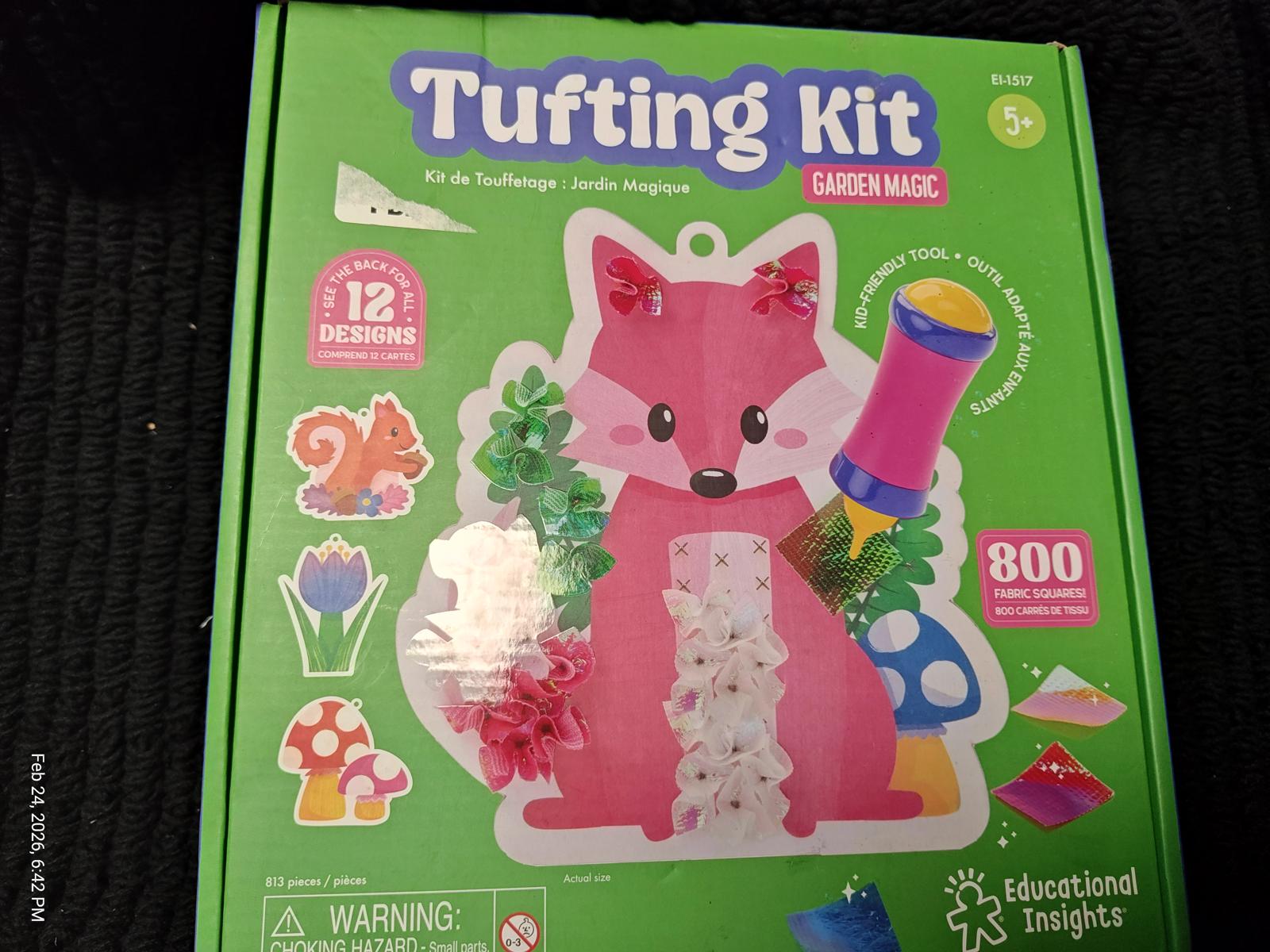 Tufting Kit featuring a colorful fox design with various crafting materials and 12 included designs.
