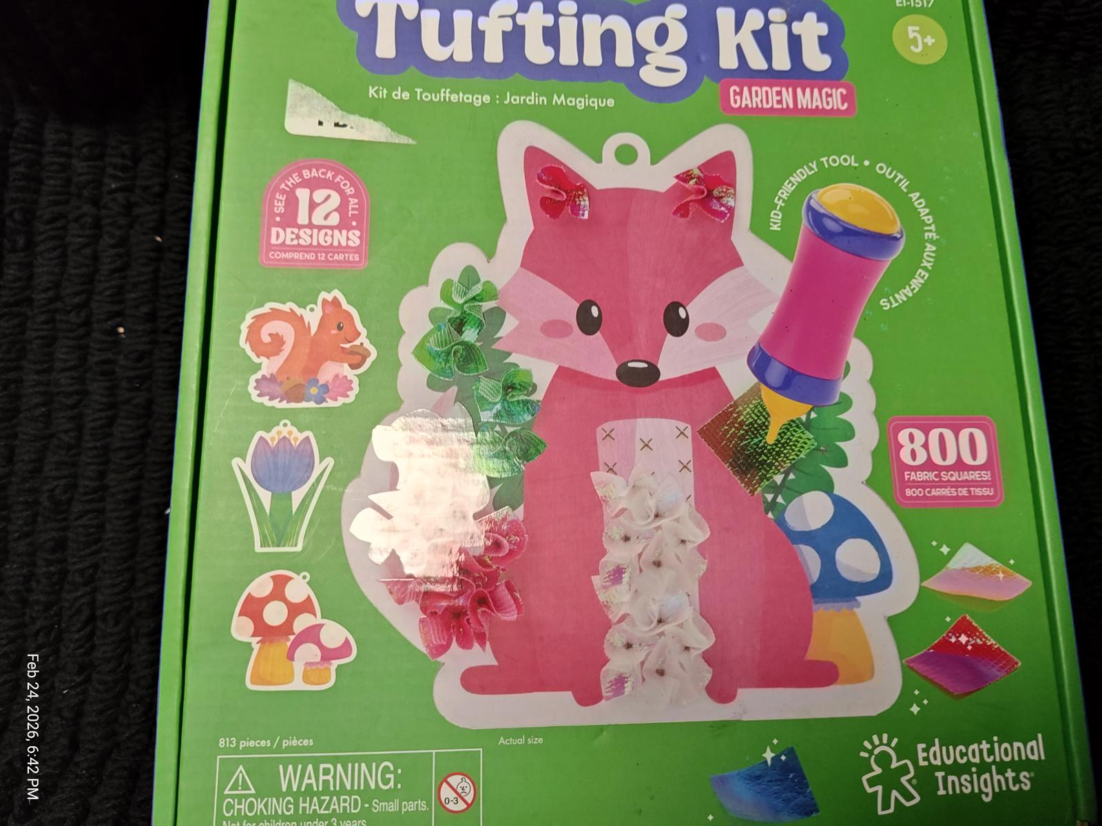 Tufting Kit featuring a pink fox design with colorful accessories and 800 pieces for crafting.
