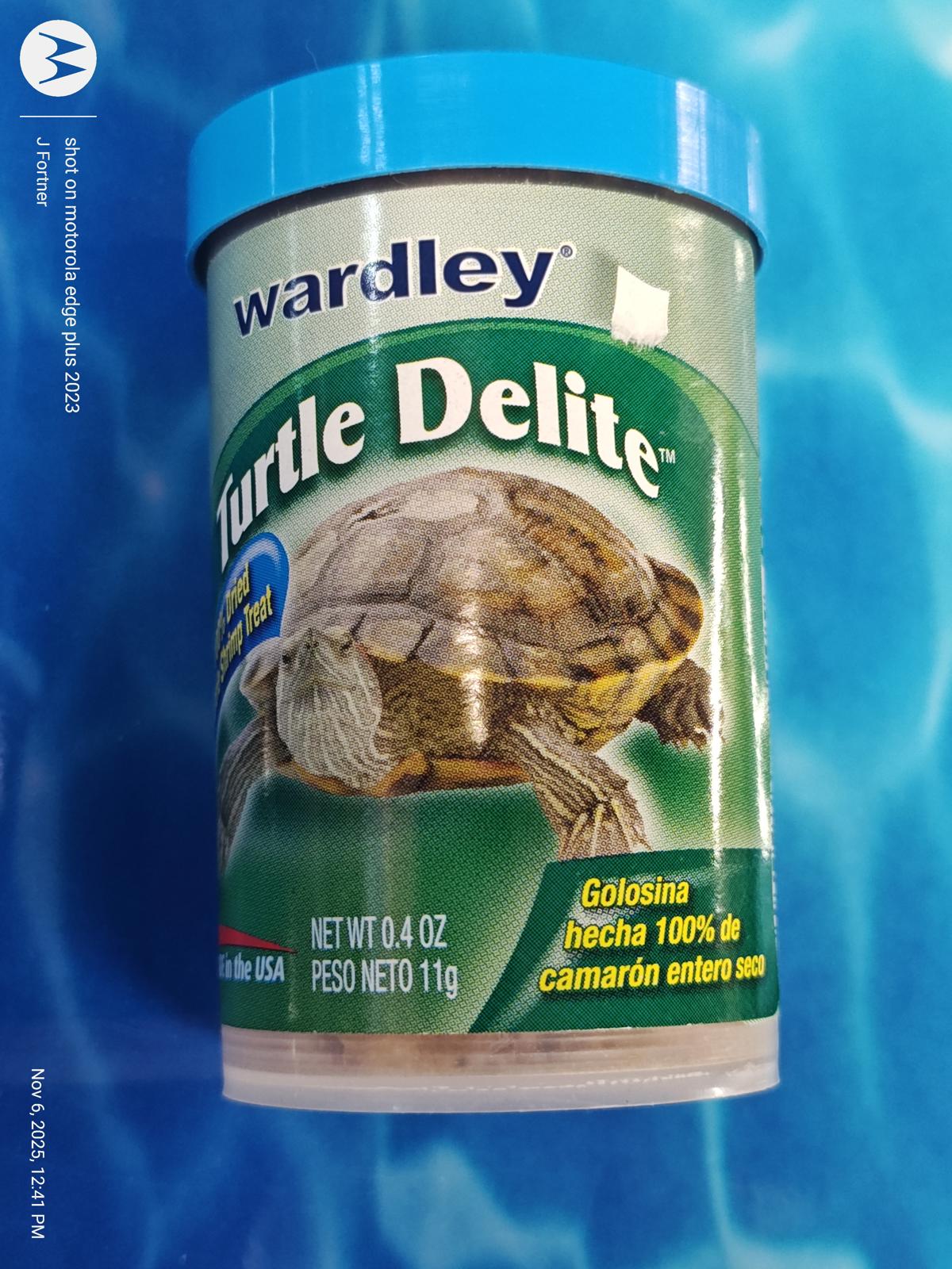 Turtle Delite by Wardley, a turtle food made from 100% whole shrimp, in a blue container.