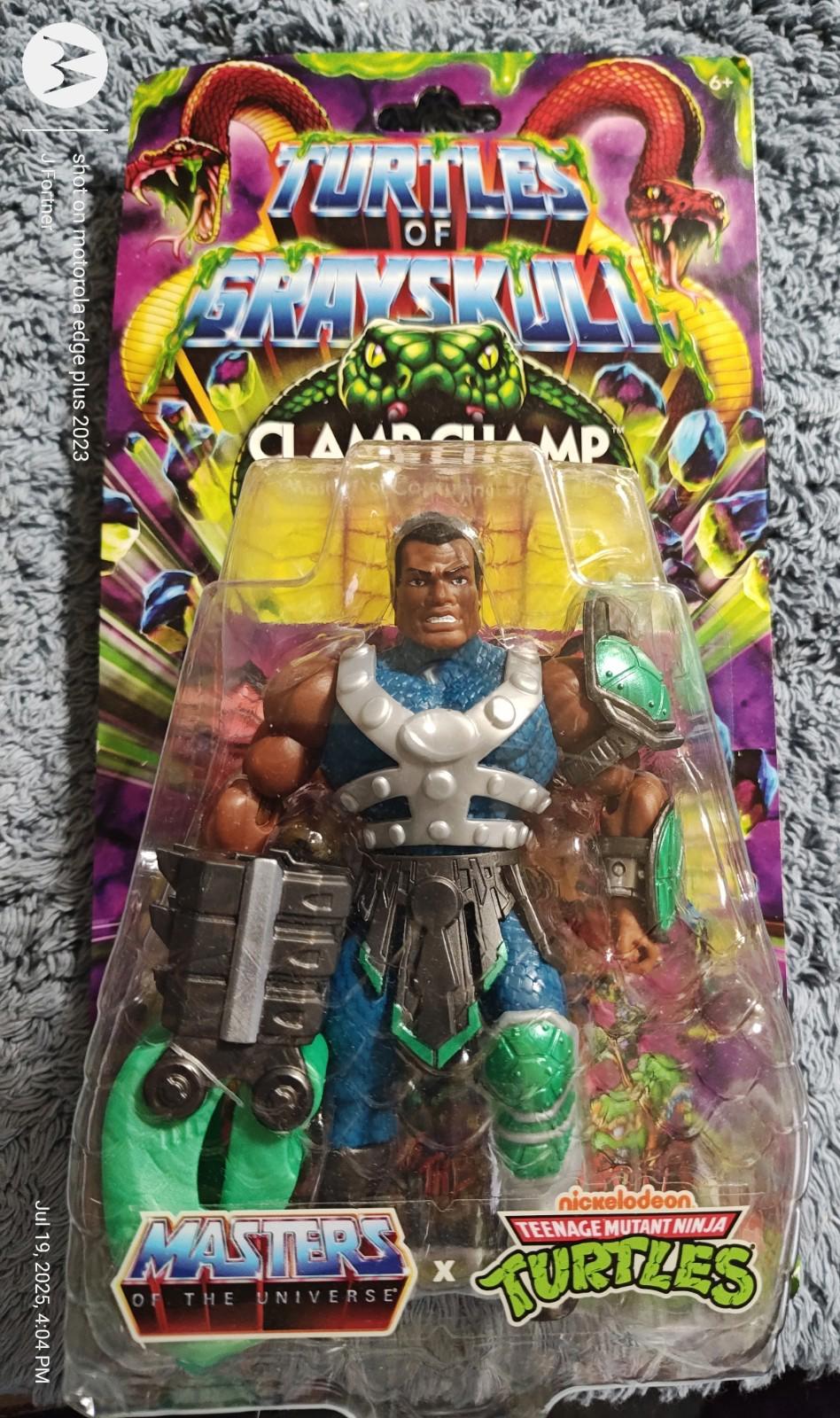 Turtles of Grayskull action figure featuring a muscular character with green armor and accessories.
