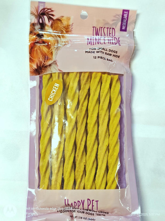 Twisted Minced Hide dog treats for small dogs, made with real chicken, 12 pieces.