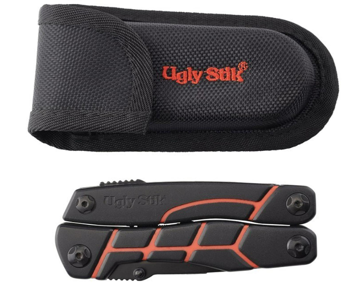 Ugly Stik multi-tool with black and orange design, stored in a protective case.