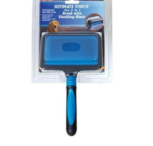 Ultimate Touch pet brush with shedding blade, featuring a blue handle and ergonomic design.