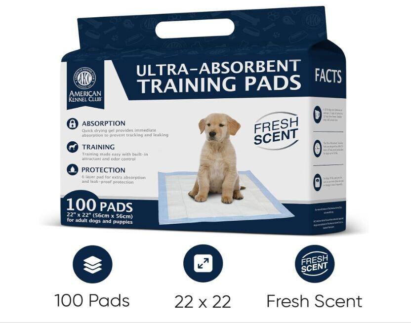 Ultra-Absorbent Training Pads for puppies, featuring a fresh scent and 100 pads in a 22x22 size.