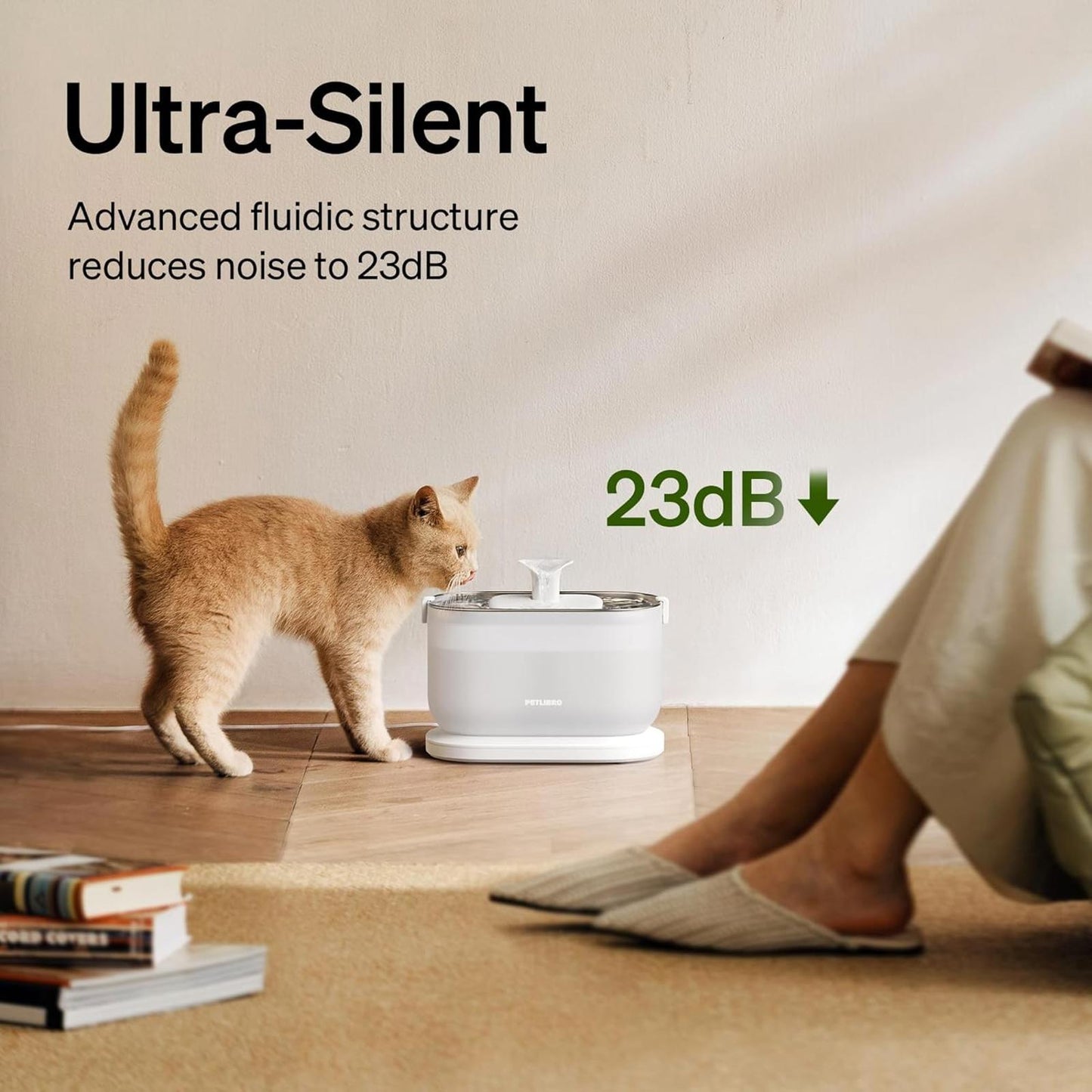 Ultra-Silent pet water fountain with advanced fluidic structure, reducing noise to 23dB.