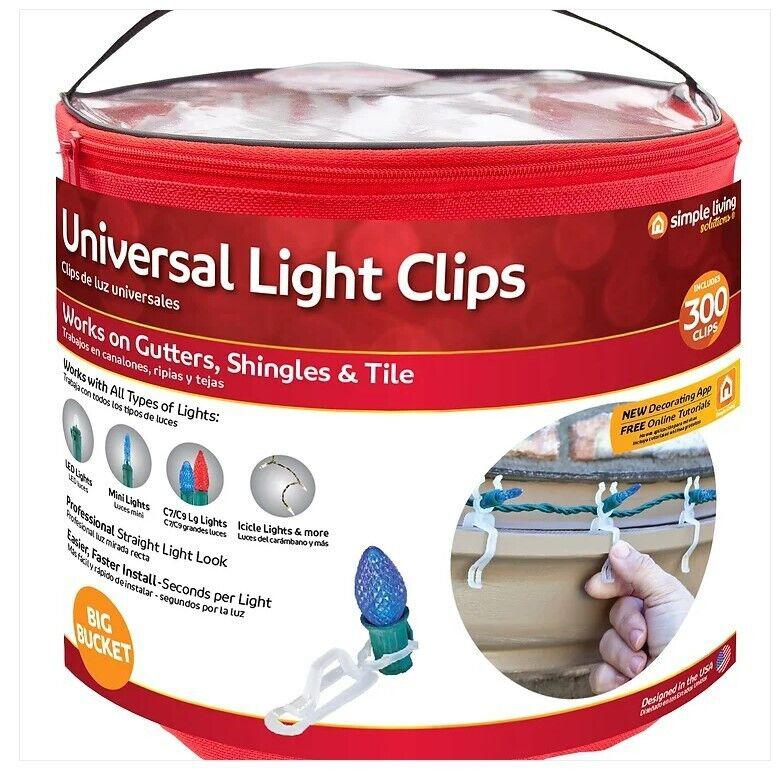 Universal Light Clips for easy installation on gutters, shingles, and tile. Includes 300 clips for various light types.