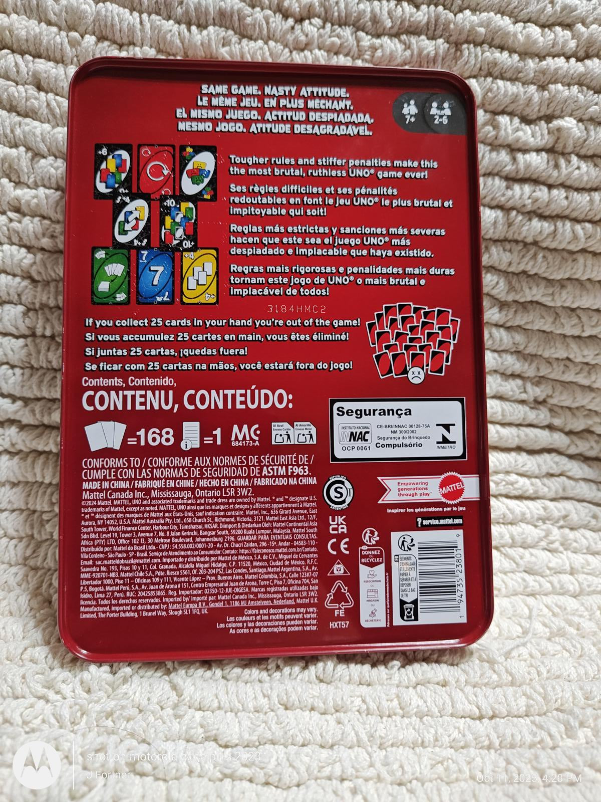 Uno card game set featuring colorful cards and game instructions on the back.