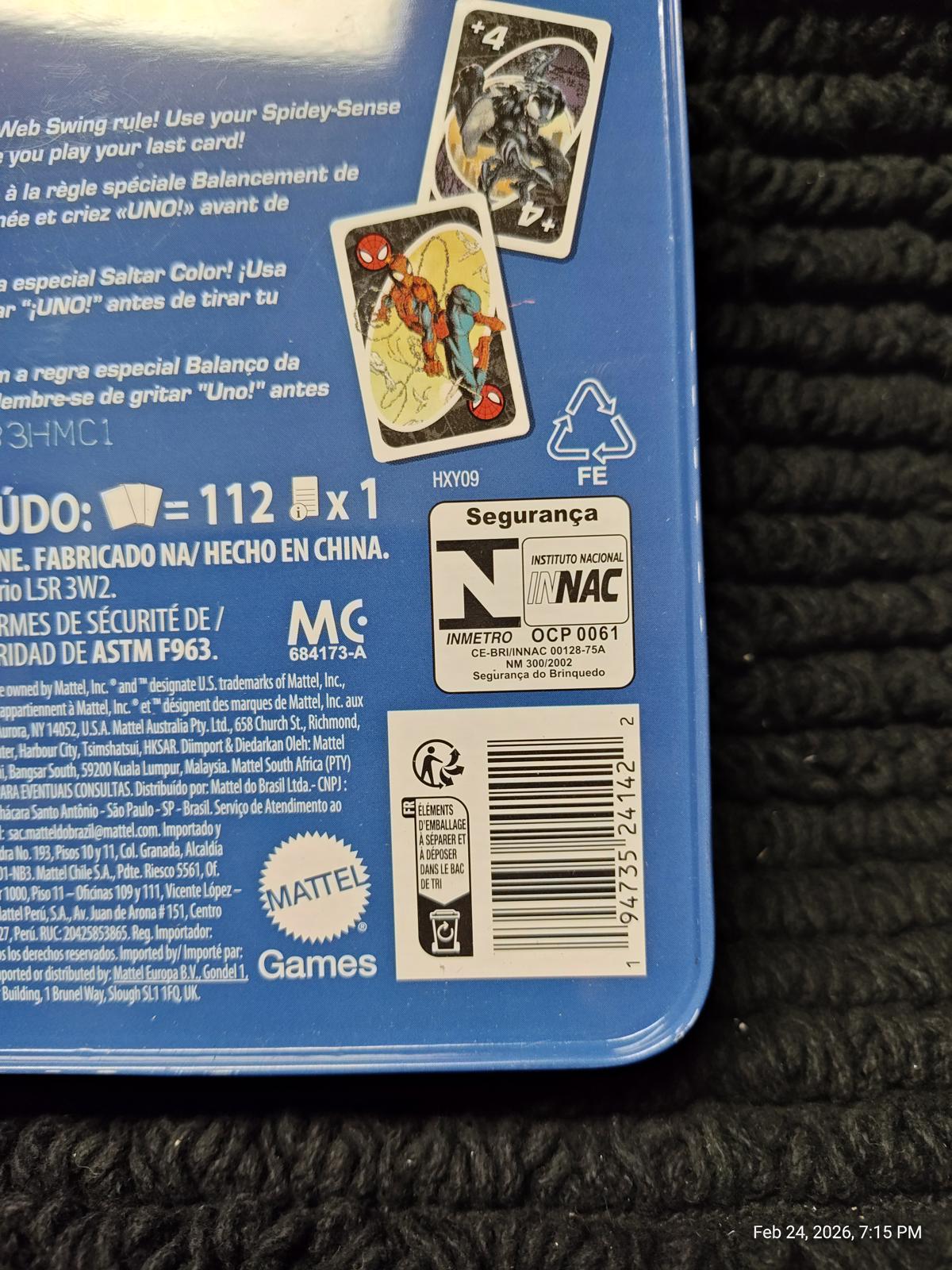 UNO card game featuring Spider-Man design on the packaging.