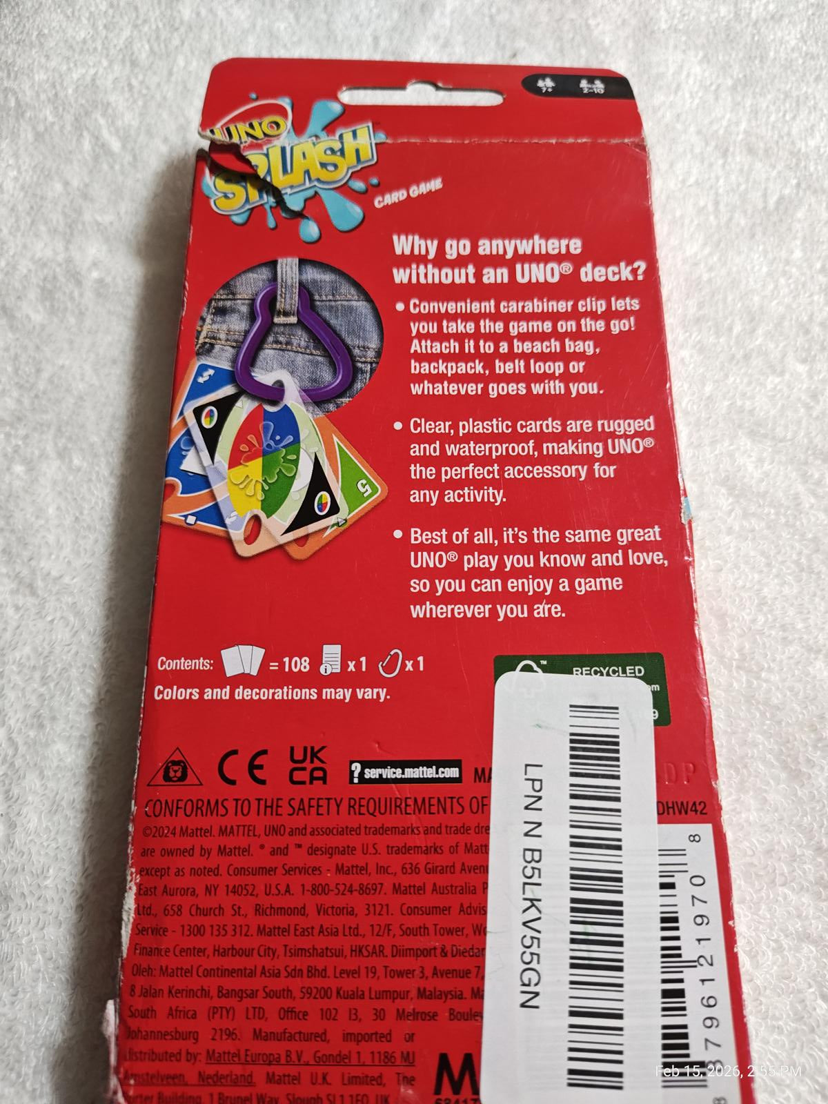 Uno Splash card game deck with convenient carabiner for easy transport.