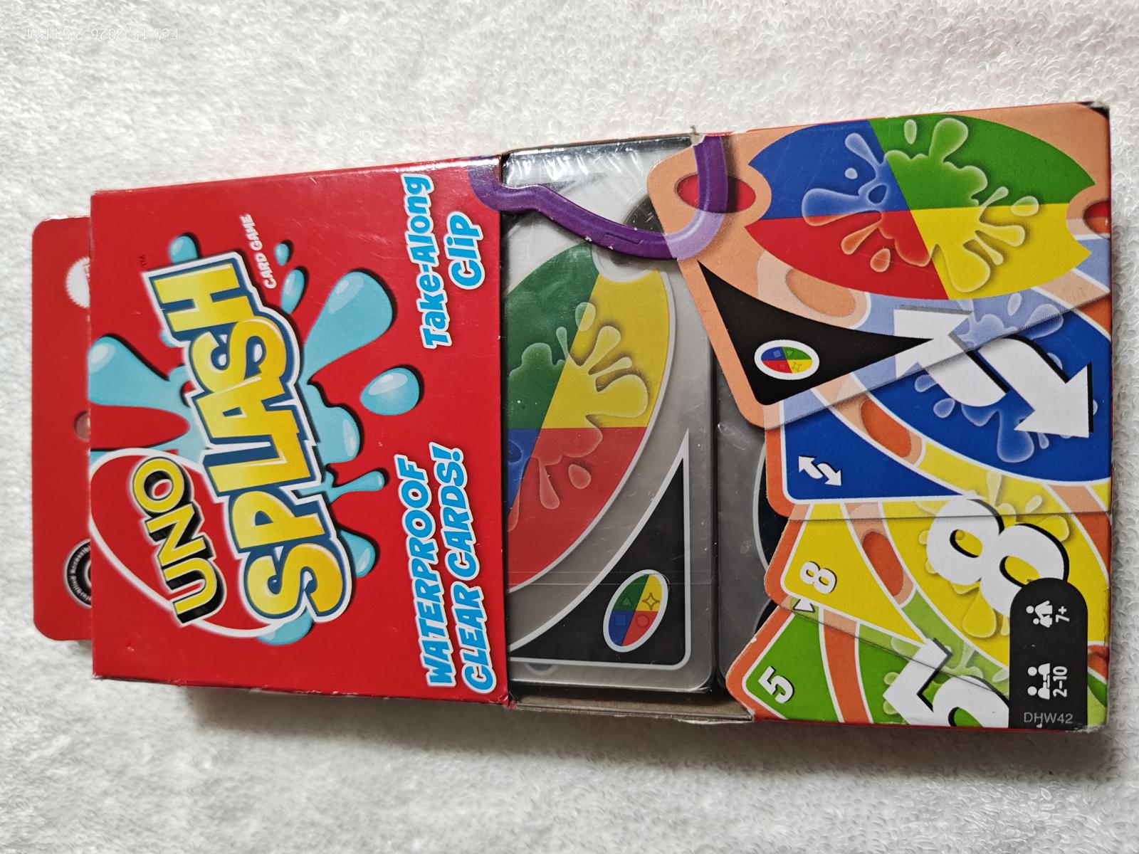 UNO Splash card game featuring colorful cards and a waterproof design for outdoor fun.