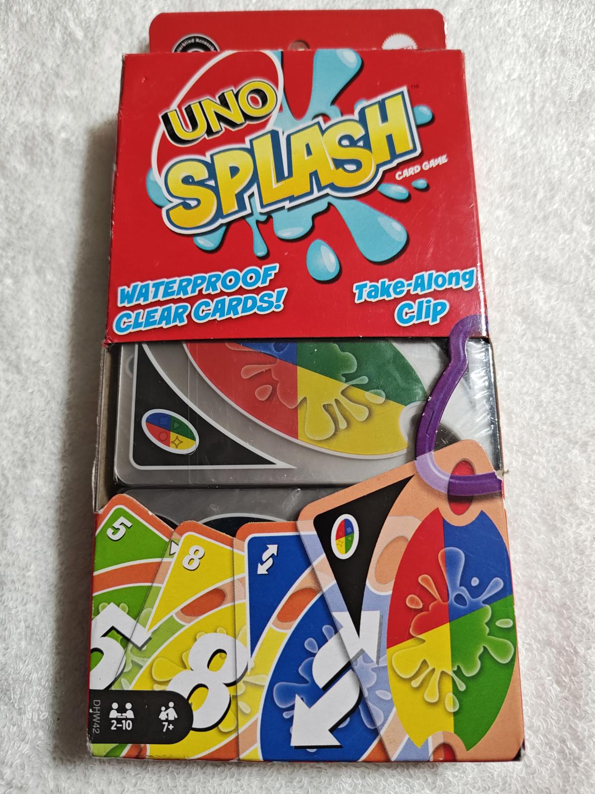 UNO Splash card game featuring waterproof clear cards and a take-along clip.