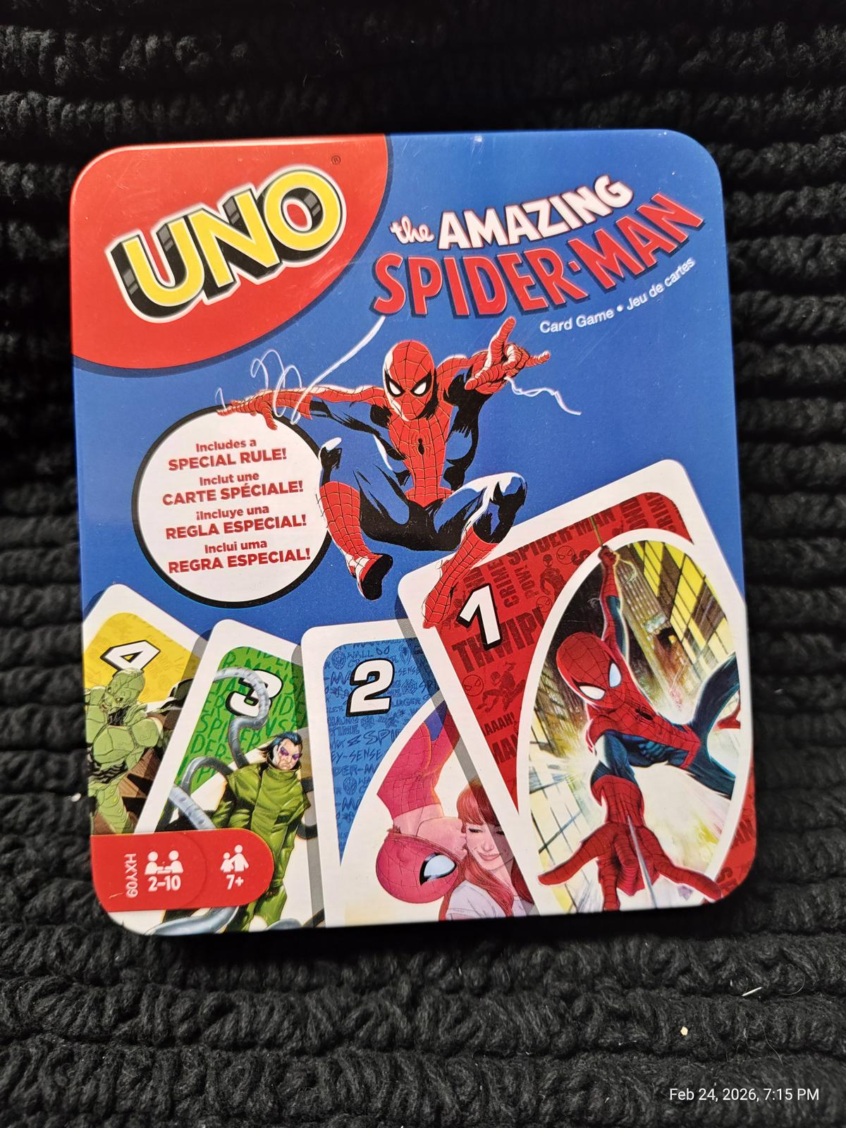 UNO The Amazing Spider-Man card game featuring Spider-Man and special cards.